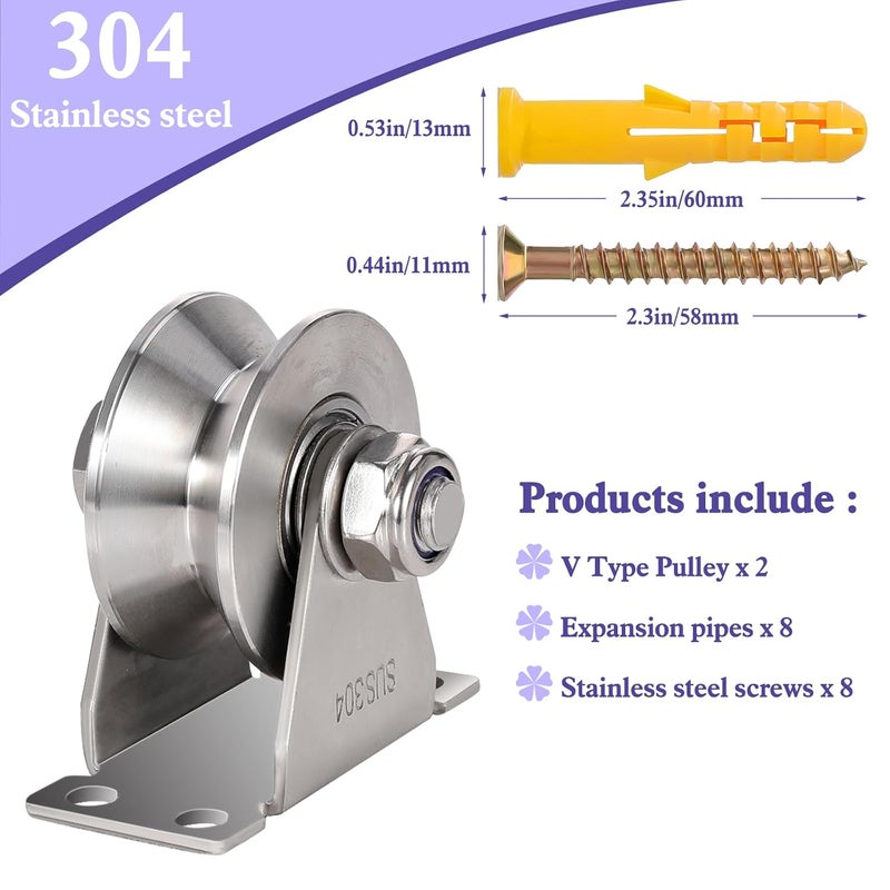 Spuspk V Type Groove Wheel Pulley Stainless Steel Pulley Block Super Silent Single,Pulley Block for DIY Gym Equipment,Sliding Gate Detachable Duplex Bearing with Mounting Screws and Expansion Pipes - Image 4